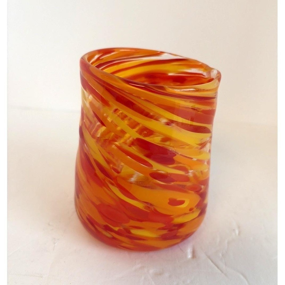 Yellow Red Swirl Art Glass Hand Blown Tumbler Wine Glass Candle‎ Holder
